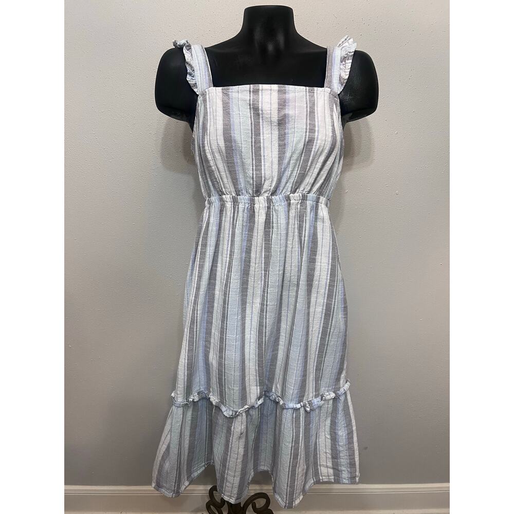 Madison Grey SunDress Ruffle‎ Smocked Open Back Blue Pastel Stripes Sz M Summer